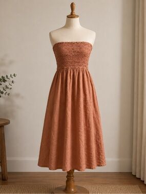 Faithfull the Brand Strapless Smocked Midi Dress in Rust